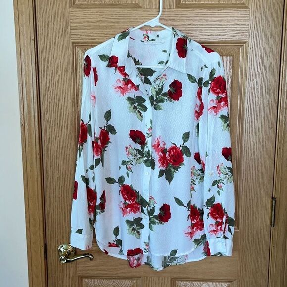 Jane + Delancey Floral Print Rayon Button Front Blouse Top Large - Picture 1 of 5